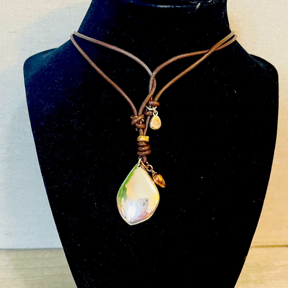 Stella & Dot Leather Necklace with Silver Teardrop Pendant